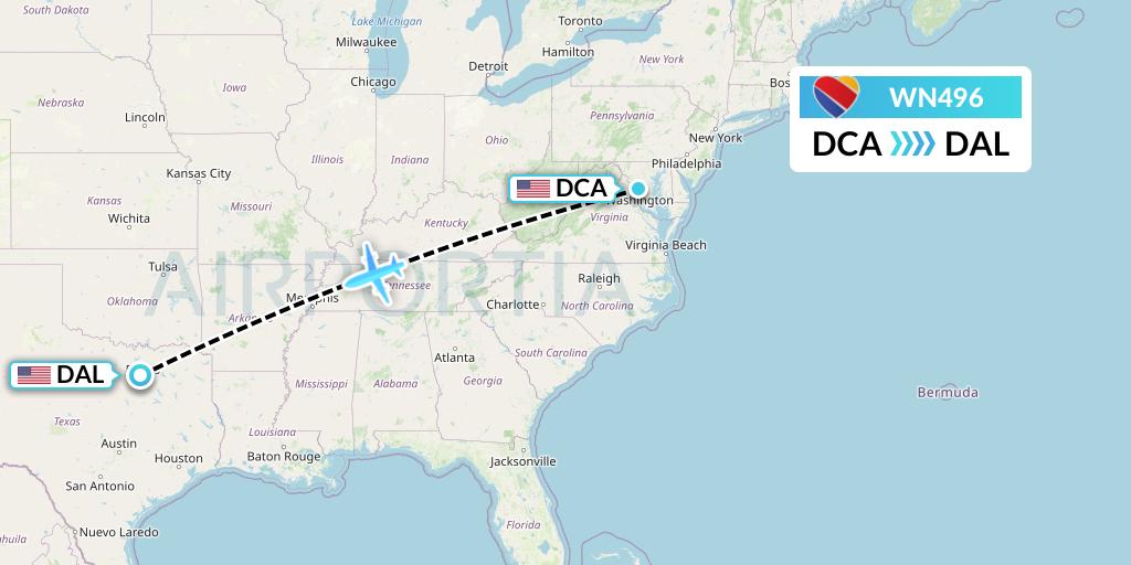 WN496 Southwest Airlines Flight Map: Washington to Dallas