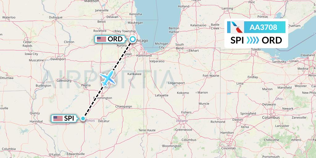 AA3708 American Airlines Flight Map: Springfield to Chicago