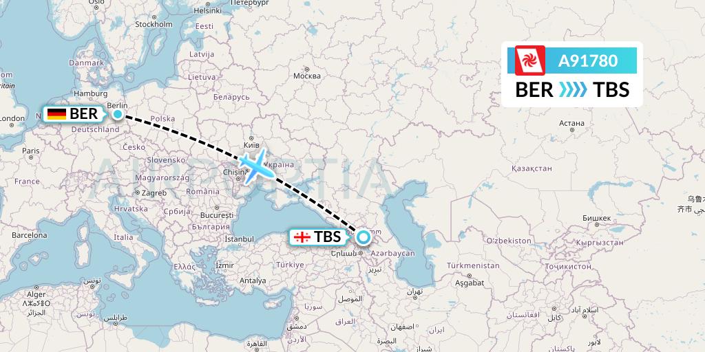 A91780 Georgian Airways Flight Map: Berlin to Tbilisi