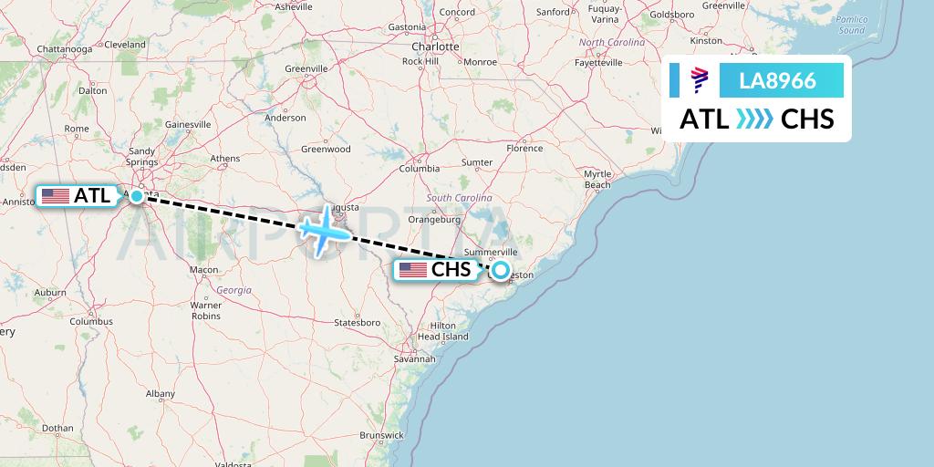 LA8966 LAN Airlines Flight Map: Atlanta to Charleston