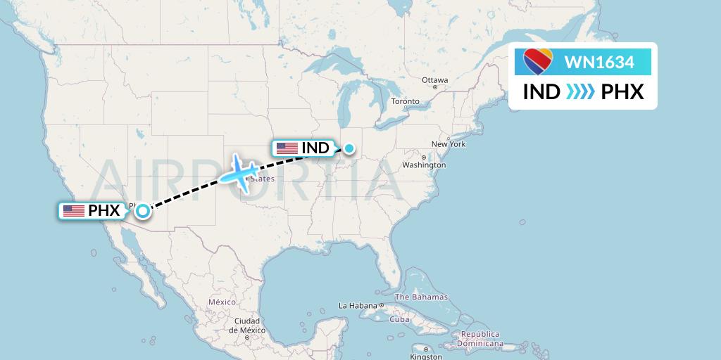 WN1634 Southwest Airlines Flight Map: Indianapolis to Phoenix