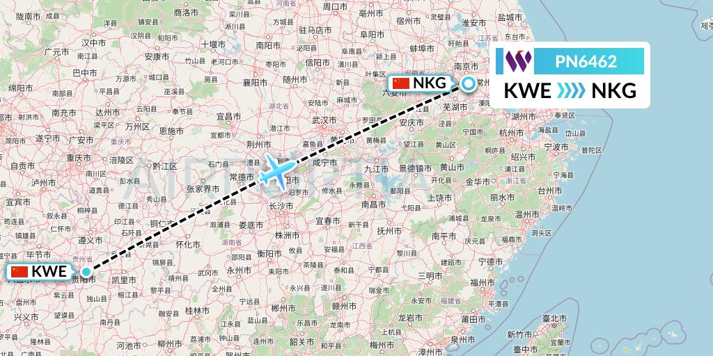 PN6462 China West Air Flight Map: Guiyang to Nanjing