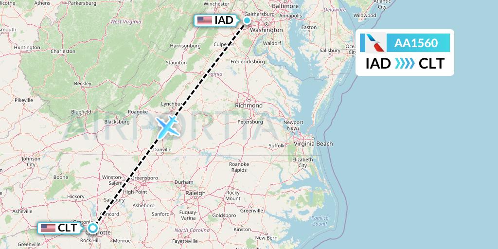 AA1560 American Airlines Flight Map: Washington to Charlotte