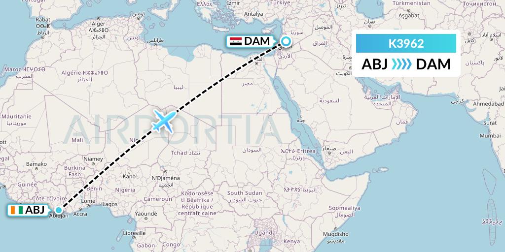K3962 Taquan Air Flight Map: Abidjan to Damascus