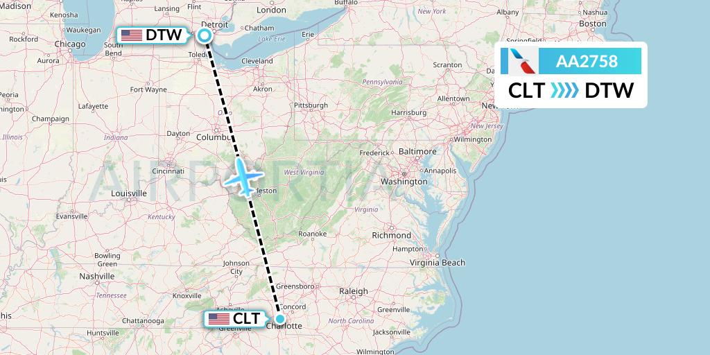 AA2758 American Airlines Flight Map: Charlotte to Detroit