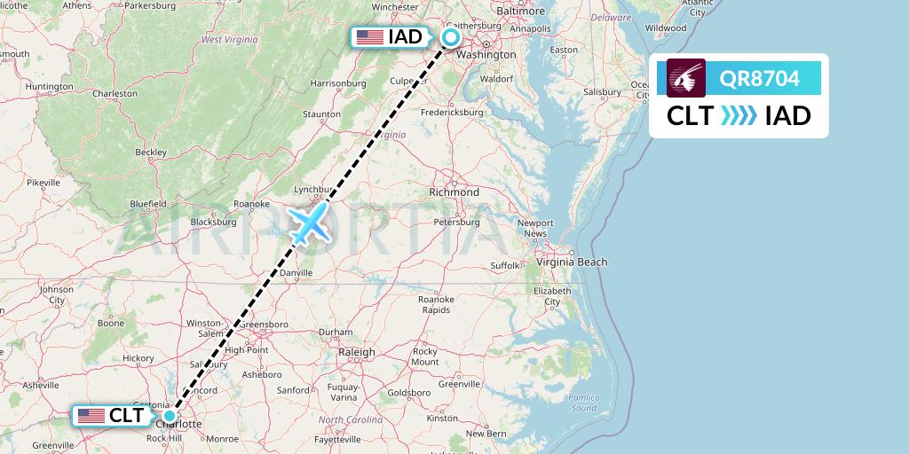QR8704 Qatar Airways Flight Map: Charlotte to Washington