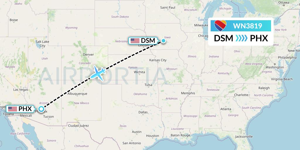 WN3819 Southwest Airlines Flight Map: Des Moines to Phoenix