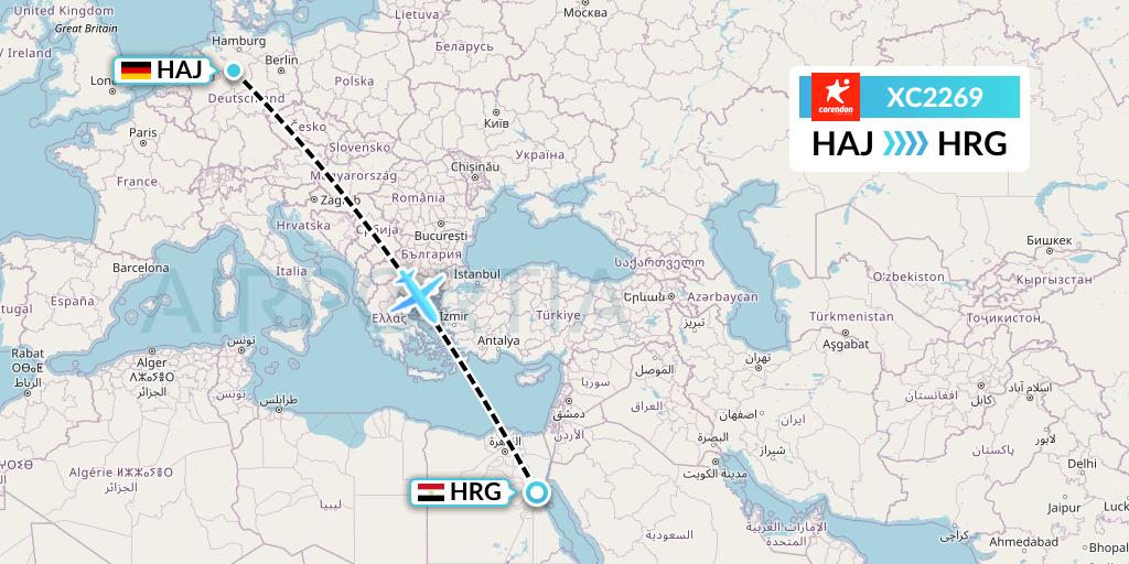 XC2269 Corendon Airlines Flight Map: Hannover to Hurghada