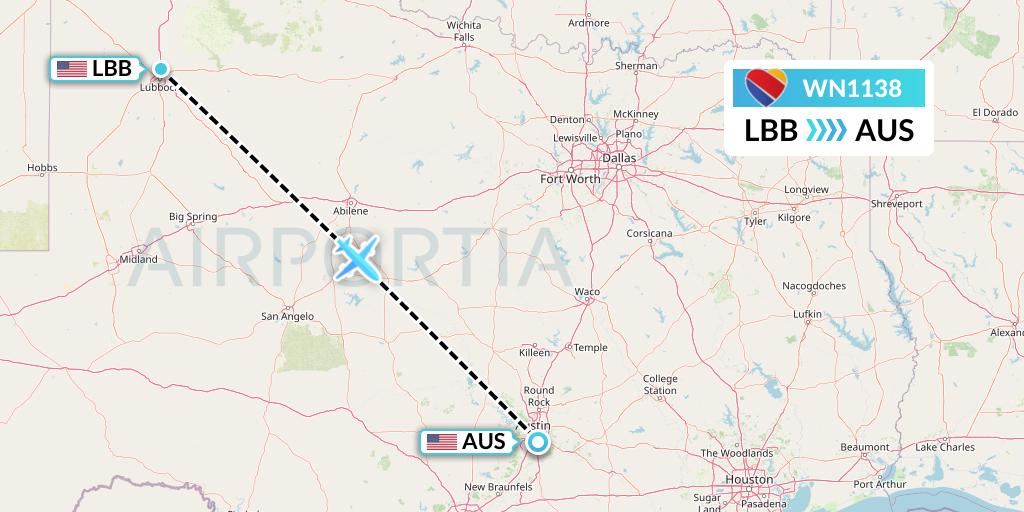 WN1138 Southwest Airlines Flight Map: Lubbock to Austin