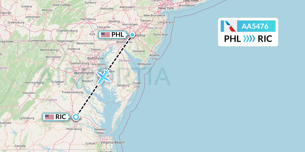 AA5476 American Airlines Flight Map: Philadelphia to Richmond