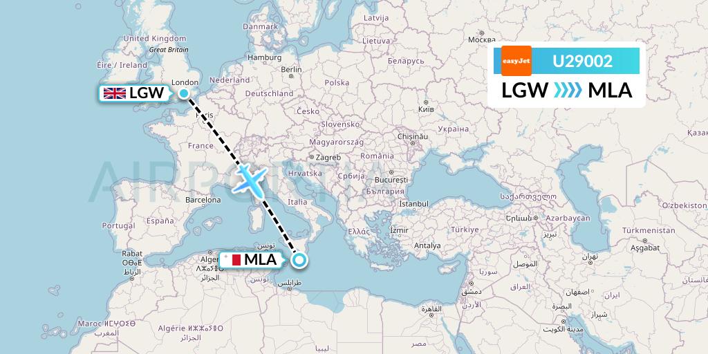 U29002 EasyJet Flight Map: London to Malta