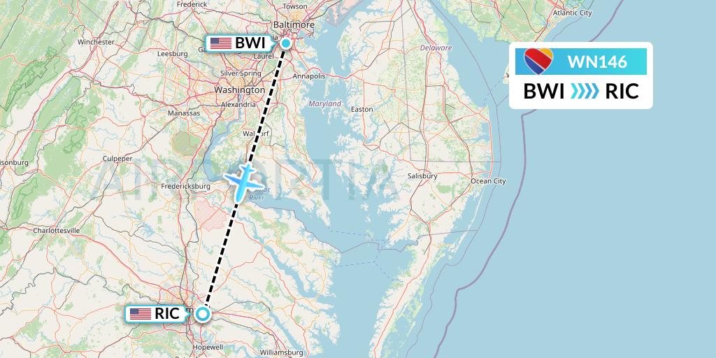 WN146 Southwest Airlines Flight Map: Baltimore to Richmond