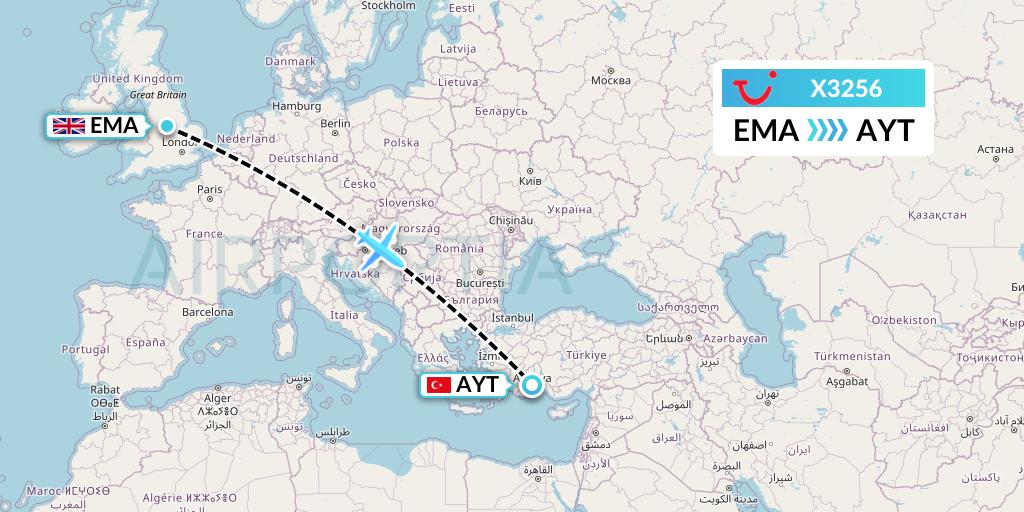 X3256 TUI fly Germany Flight Map: East Midlands to Antalya