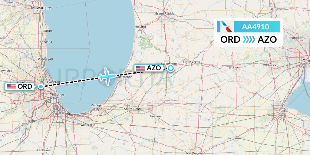AA4910 American Airlines Flight Map: Chicago to Kalamazoo