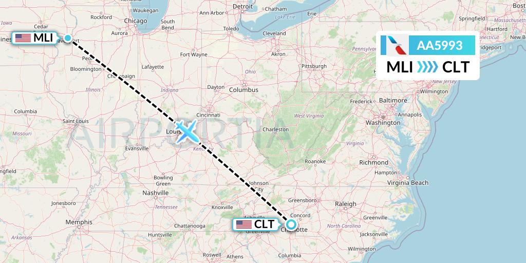 AA5993 American Airlines Flight Map: Moline to Charlotte