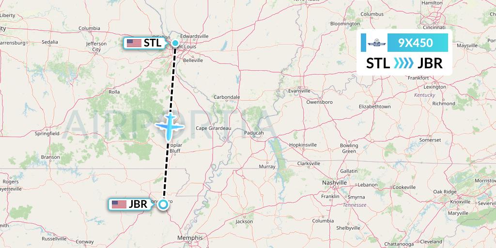 9X450 Southern Airways Express Flight Map: St. Louis to Jonesboro