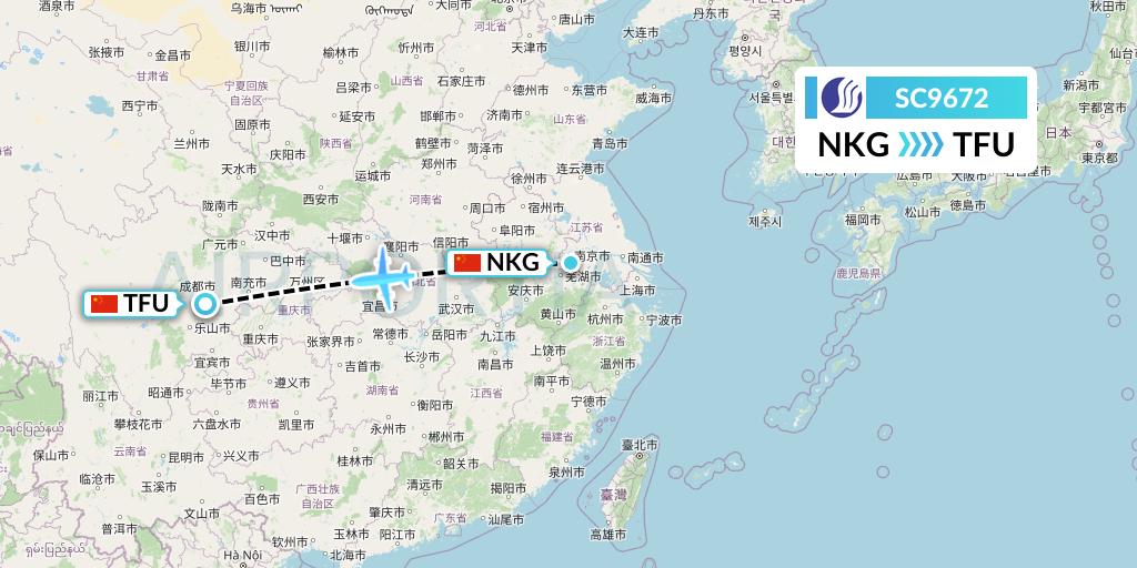 SC9672 Shandong Airlines Flight Map: Nanjing to Chengdu