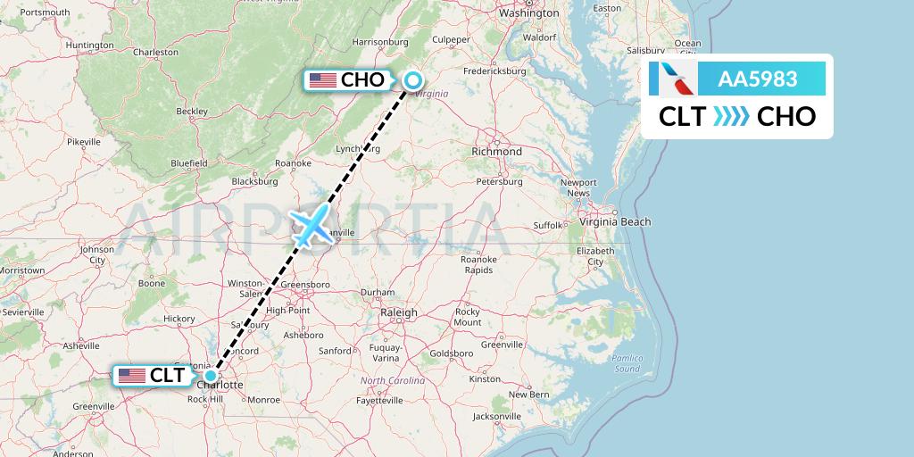 AA5983 American Airlines Flight Map: Charlotte to Charlottesville