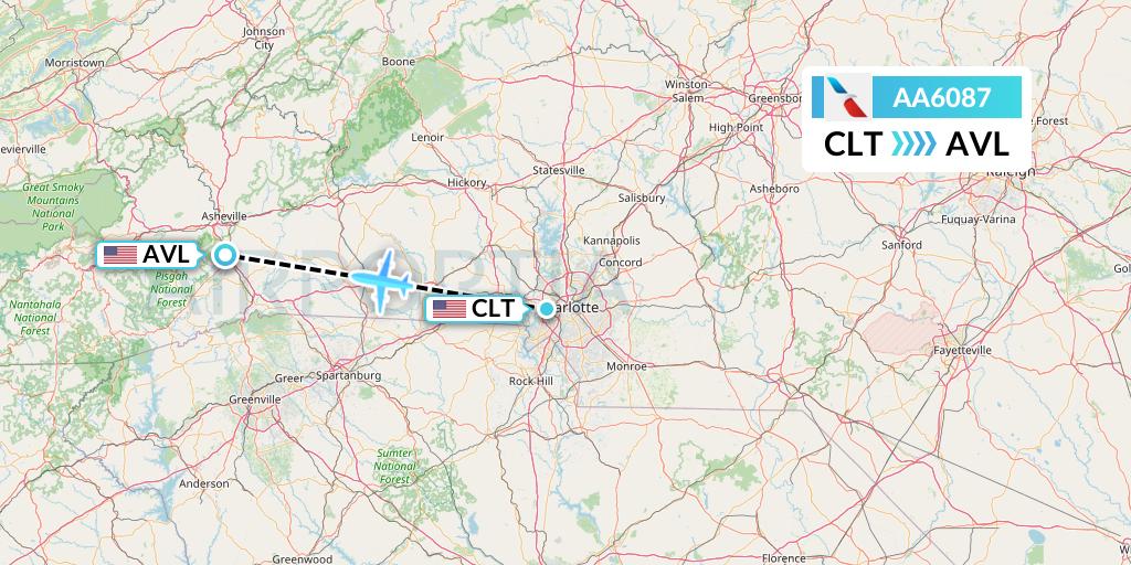 AA6087 American Airlines Flight Map: Charlotte to Asheville