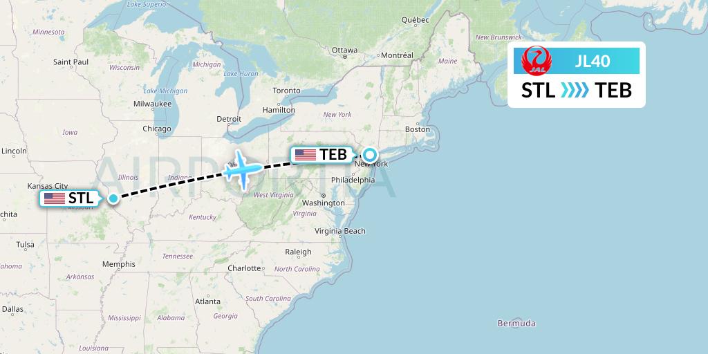 JL40 Japan Airlines Flight Map: St. Louis to Teterboro