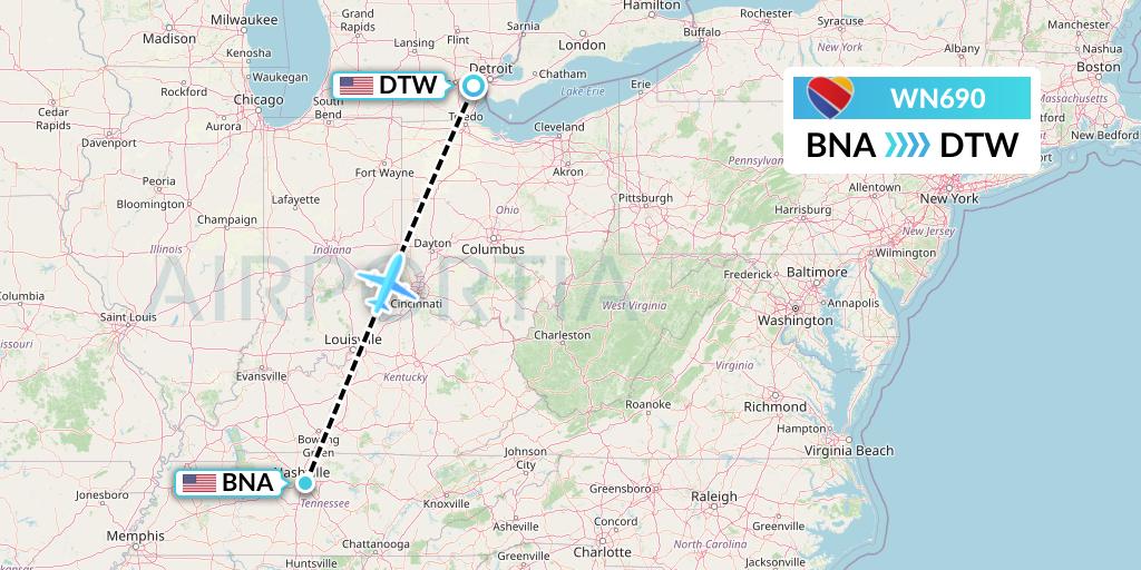 WN690 Southwest Airlines Flight Map: Nashville to Detroit