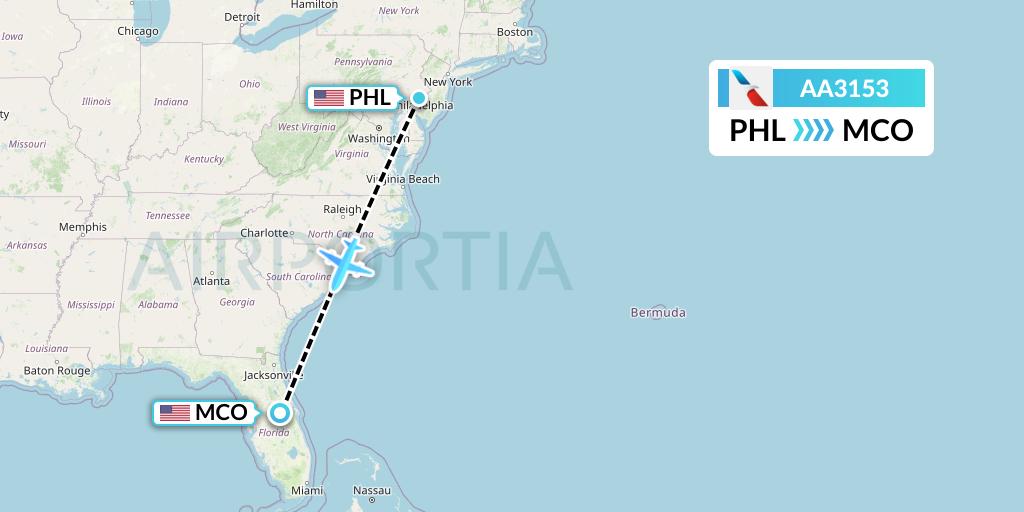 AA3153 American Airlines Flight Map: Philadelphia to Orlando