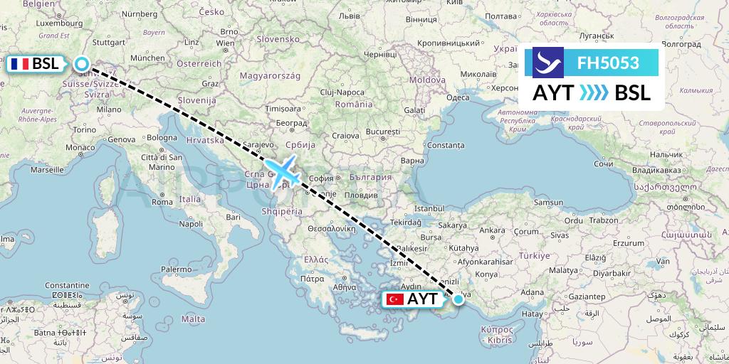 FH5053 Freebird Airlines Flight Map: Antalya to Basel