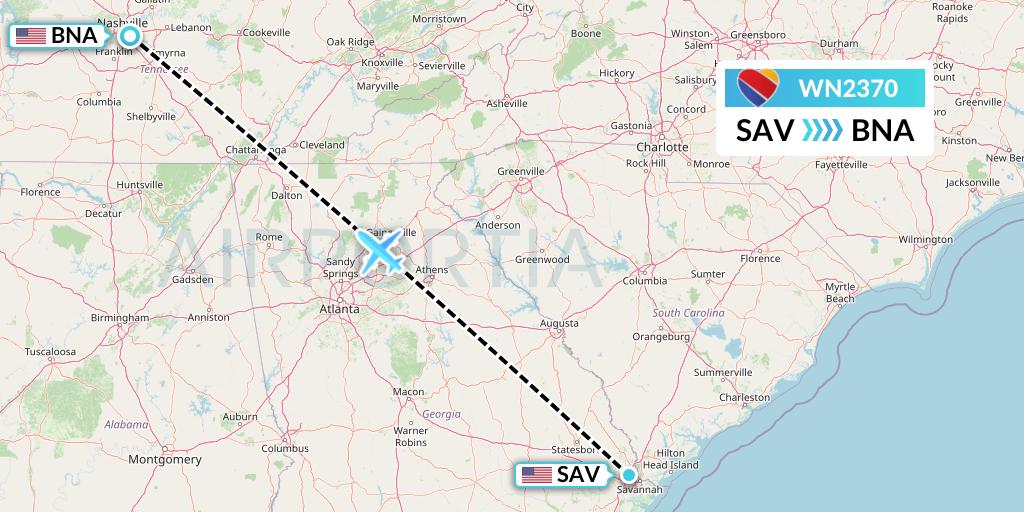 WN2370 Southwest Airlines Flight Map: Savannah to Nashville