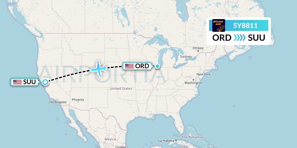 5Y8811 Atlas Air Flight Map: Chicago to Fairfield