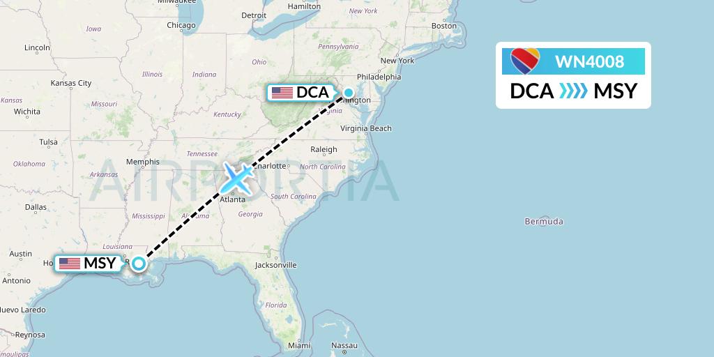 WN4008 Southwest Airlines Flight Map: Washington to New Orleans