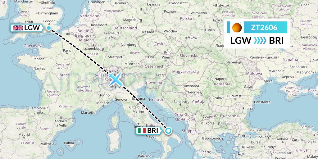 ZT2606 Titan Airways Flight Map: London to Bari