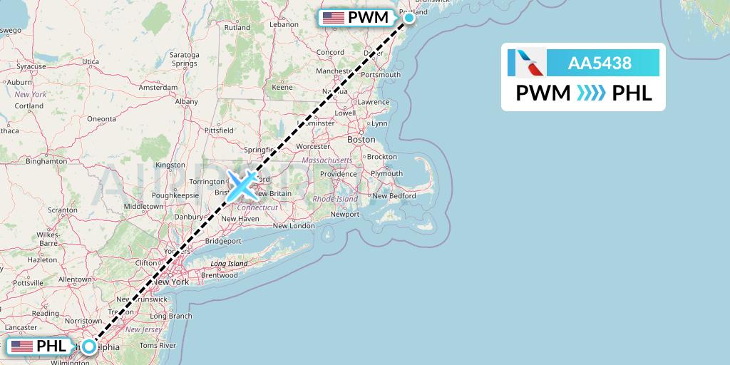 AA5438 American Airlines Flight Map: Portland to Philadelphia