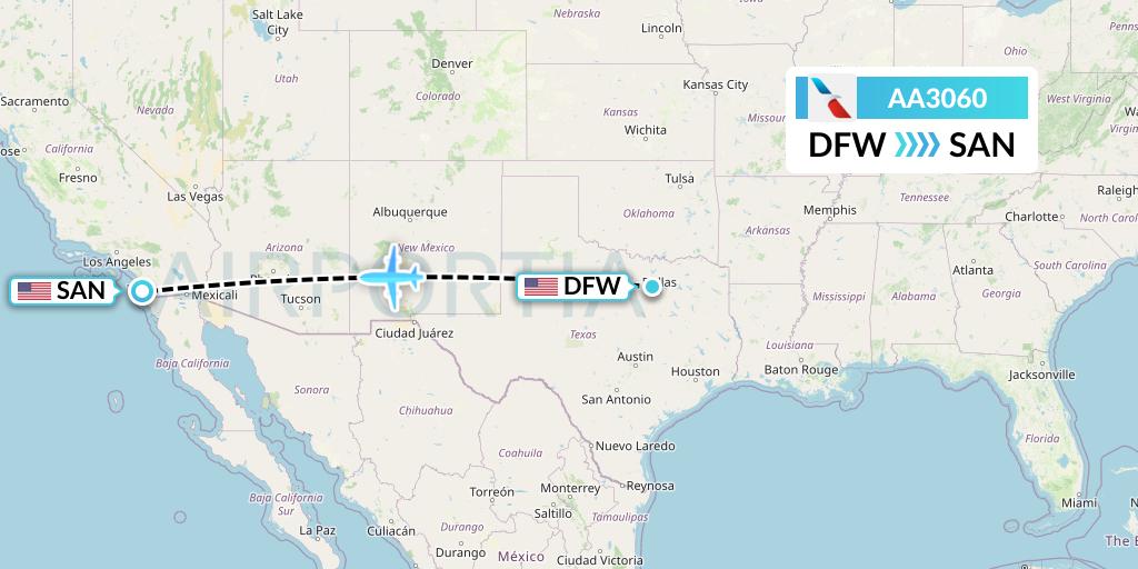AA3060 American Airlines Flight Map: Dallas to San Diego