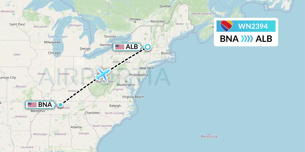 WN2394 Southwest Airlines Flight Map: Nashville to Albany