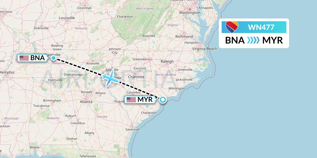 WN477 Southwest Airlines Flight Map: Nashville to Myrtle Beach