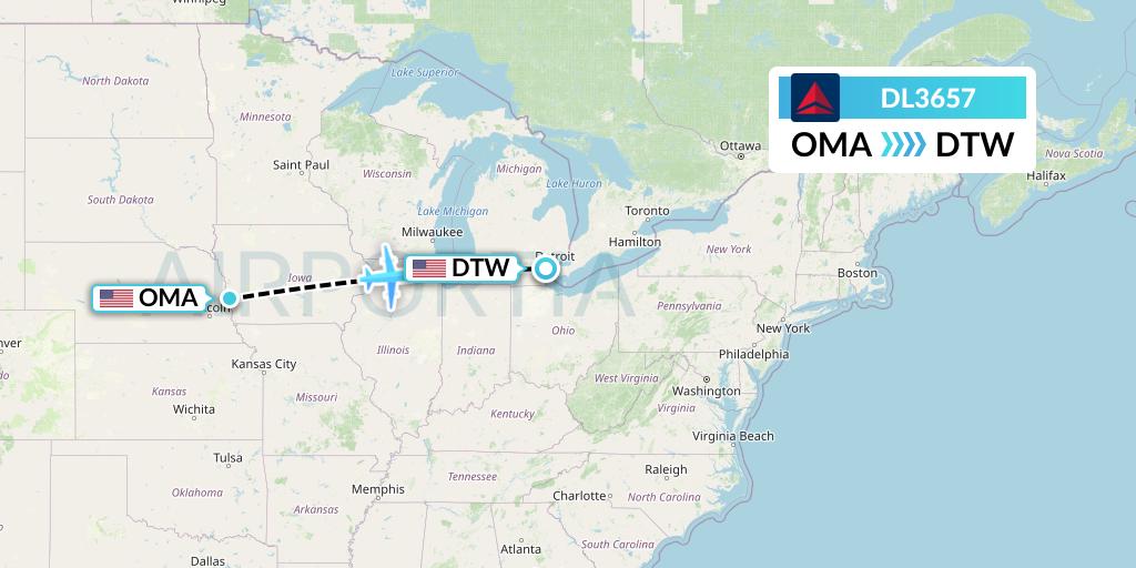 DL3657 Delta Air Lines Flight Map: Omaha to Detroit