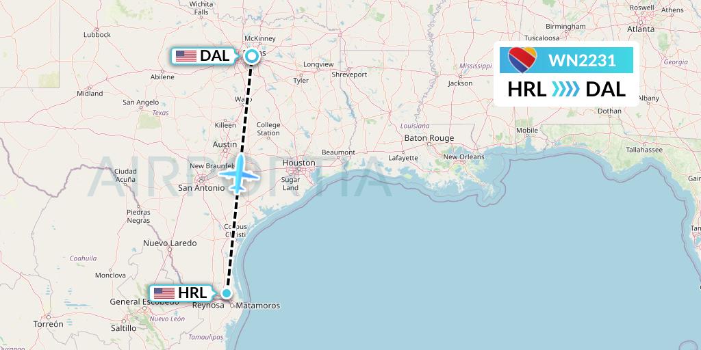 WN2231 Southwest Airlines Flight Map: Harlingen to Dallas
