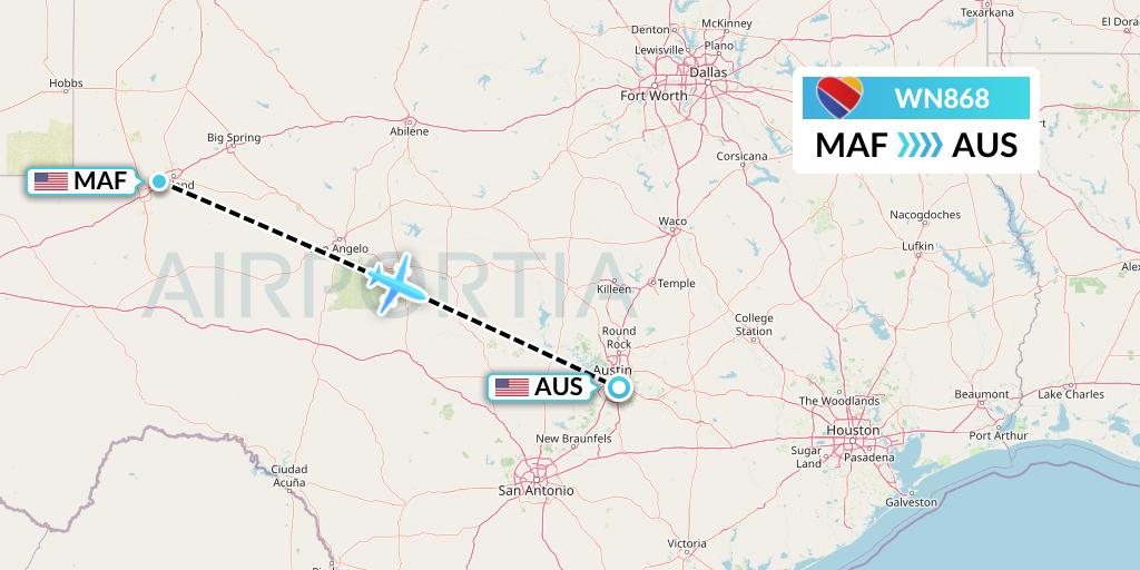 WN868 Southwest Airlines Flight Map: Midland to Austin