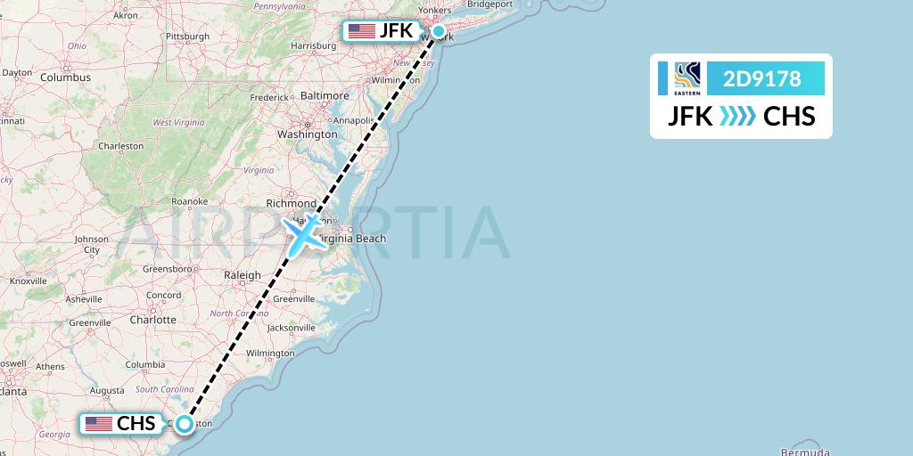 2D9178 Dynamic Airways Flight Map: New York to Charleston