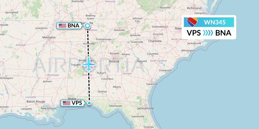 WN345 Southwest Airlines Flight Map: Valparaiso to Nashville