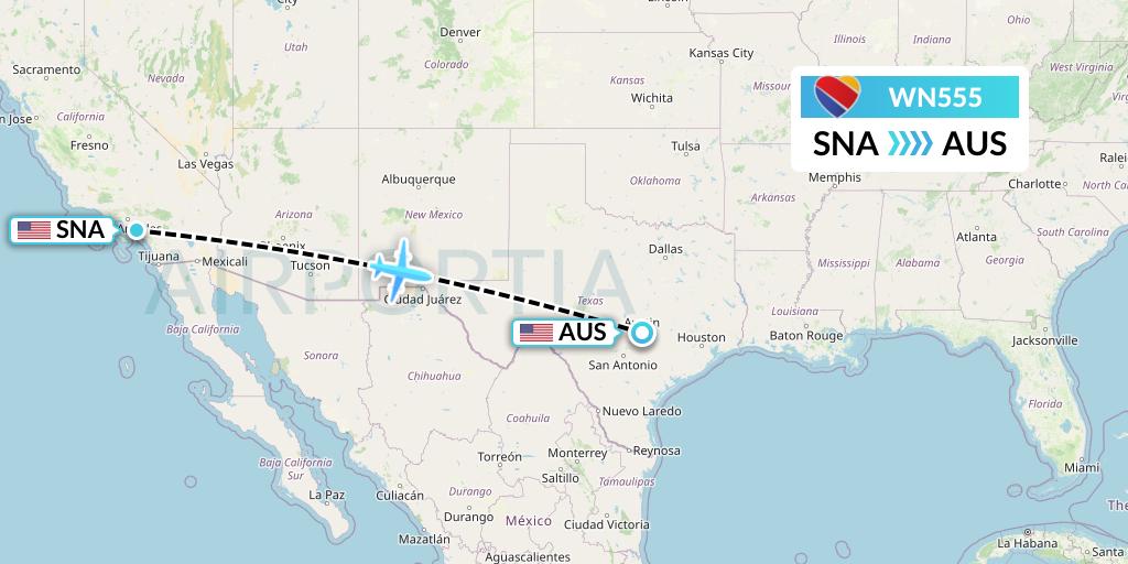 WN555 Southwest Airlines Flight Map: Orange County to Austin