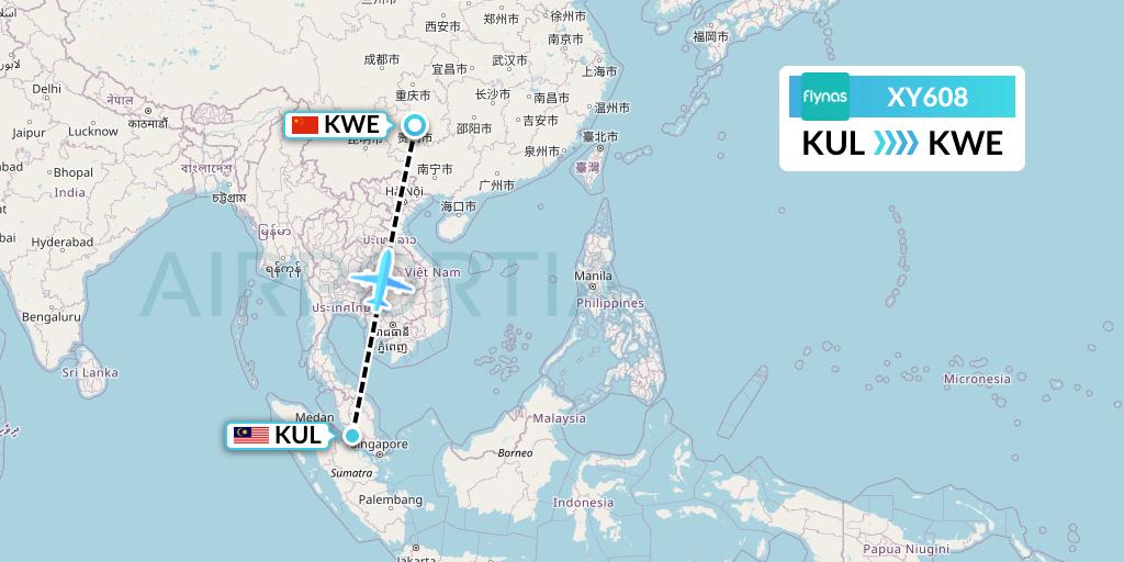 XY608 Flynas Flight Map: Kuala Lumpur to Guiyang