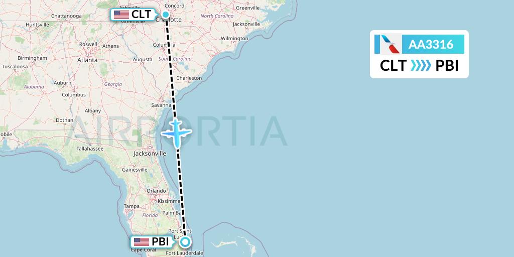 AA3316 American Airlines Flight Map: Charlotte to West Palm Beach