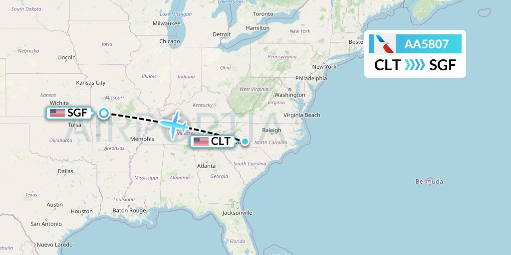 AA5807 American Airlines Flight Map: Charlotte to Springfield