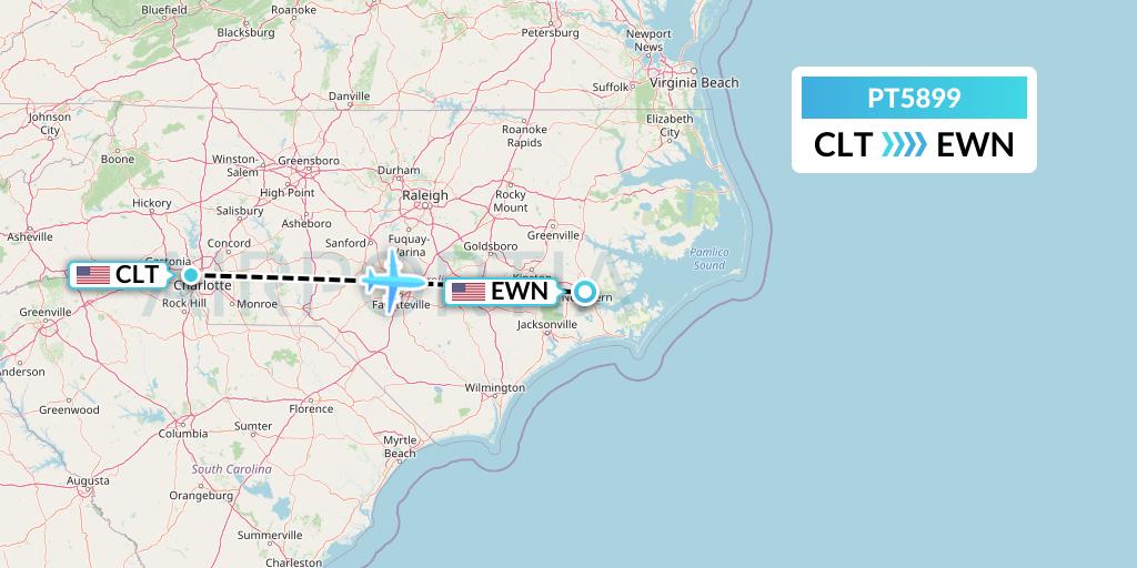 PT5899 Piedmont Airlines Flight Map: Charlotte to New Bern