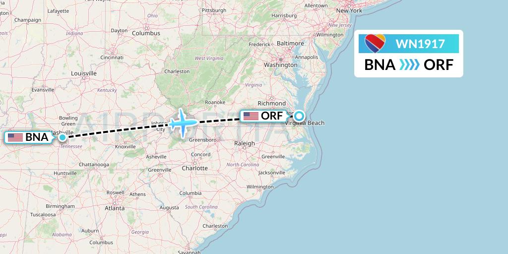 WN1917 Southwest Airlines Flight Map: Nashville to Norfolk