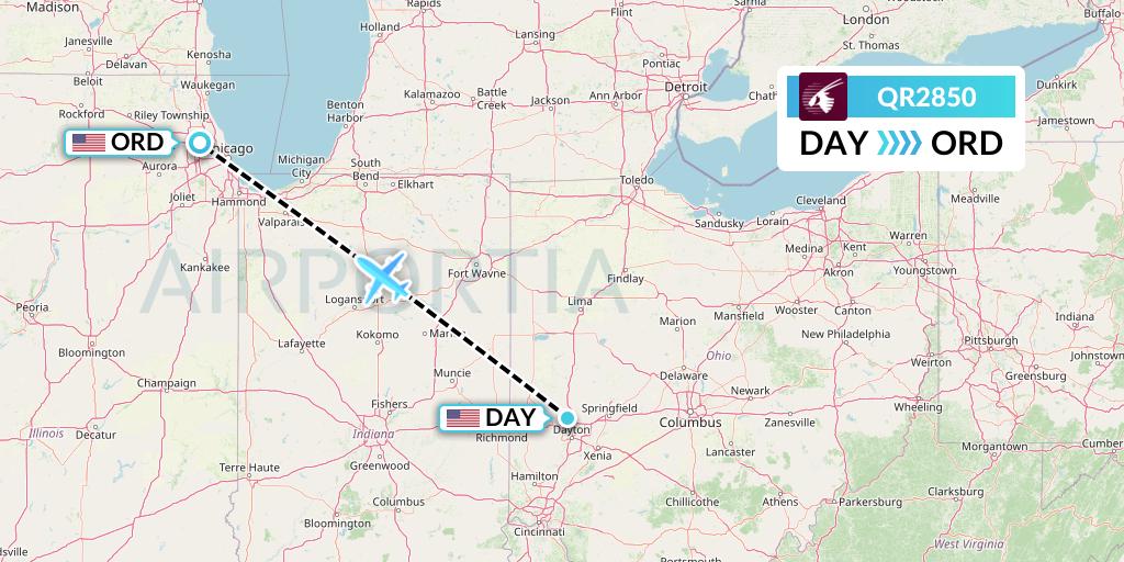 QR2850 Qatar Airways Flight Map: Dayton to Chicago