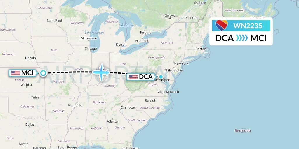 WN2235 Southwest Airlines Flight Map: Washington to Kansas City