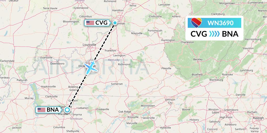 WN3690 Southwest Airlines Flight Map: Cincinnati to Nashville