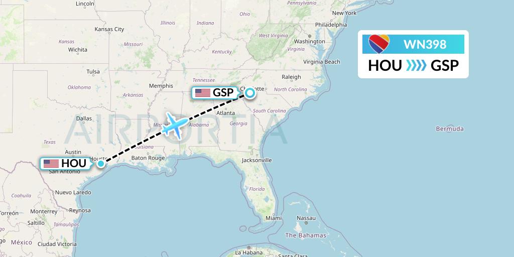 WN398 Southwest Airlines Flight Map: Houston to Greenville-Spartanburg